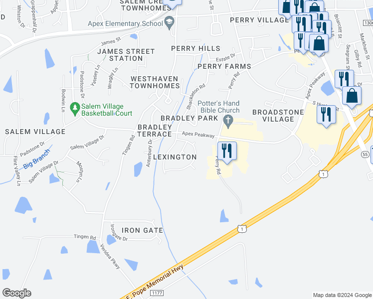 map of restaurants, bars, coffee shops, grocery stores, and more near 1201 Dunn Ridge Lane in Apex