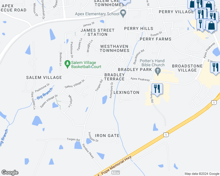map of restaurants, bars, coffee shops, grocery stores, and more near 318 Anterbury Drive in Apex
