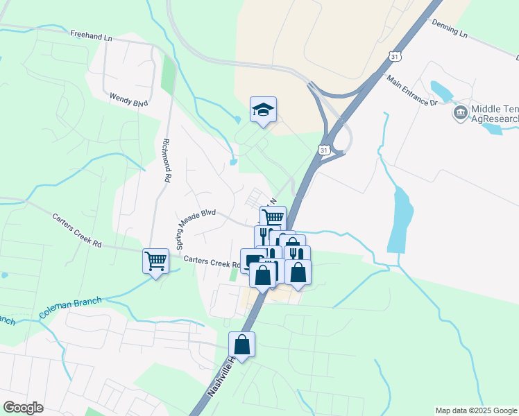 map of restaurants, bars, coffee shops, grocery stores, and more near 2689 Old Highway 31 North in Columbia