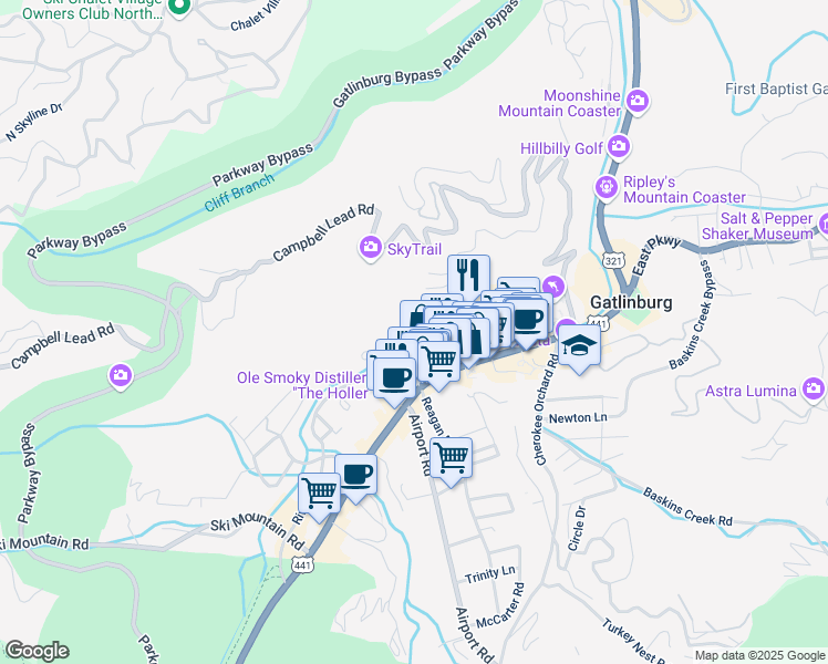 map of restaurants, bars, coffee shops, grocery stores, and more near 440 River Road in Gatlinburg