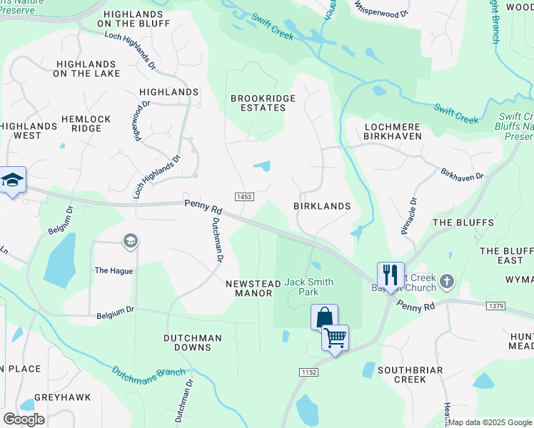 map of restaurants, bars, coffee shops, grocery stores, and more near 9904 Penny Road in Raleigh