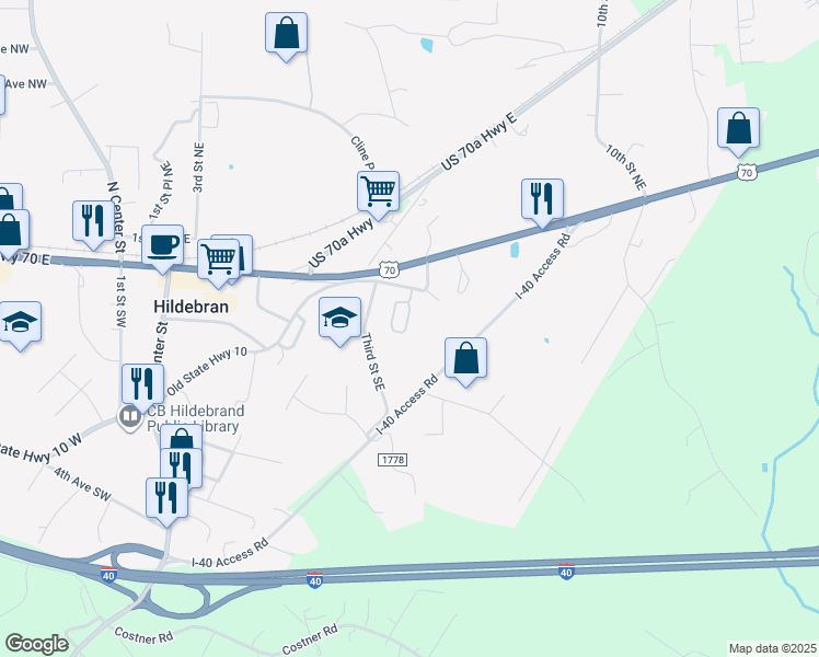 map of restaurants, bars, coffee shops, grocery stores, and more near 306 Main Avenue East in Hildebran