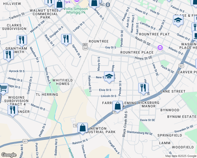 map of restaurants, bars, coffee shops, grocery stores, and more near 610 New St S in Wilson