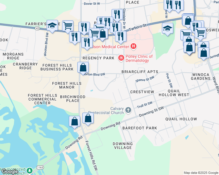 map of restaurants, bars, coffee shops, grocery stores, and more near 2415 Saint John Drive Southwest in Wilson