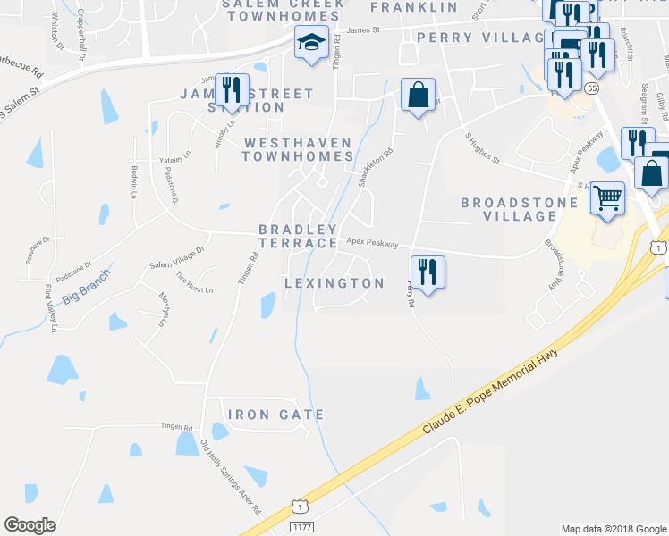 map of restaurants, bars, coffee shops, grocery stores, and more near 1209 Shackleton Road in Apex
