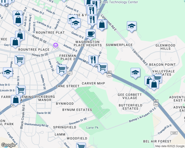map of restaurants, bars, coffee shops, grocery stores, and more near 1700 Freeman Street Southeast in Wilson