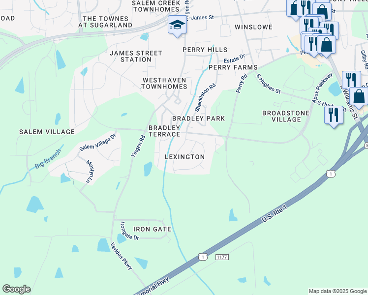 map of restaurants, bars, coffee shops, grocery stores, and more near 1209 Shackleton Road in Apex