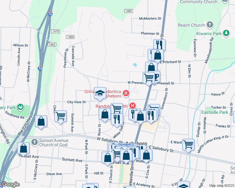 map of restaurants, bars, coffee shops, grocery stores, and more near 500 North Church Street in Asheboro