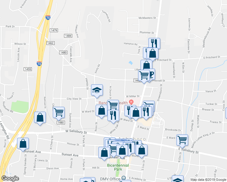 map of restaurants, bars, coffee shops, grocery stores, and more near 500 North Church Street in Asheboro