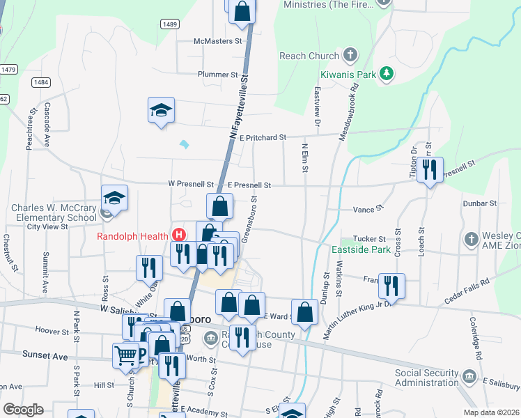 map of restaurants, bars, coffee shops, grocery stores, and more near 526 Greensboro Street in Asheboro