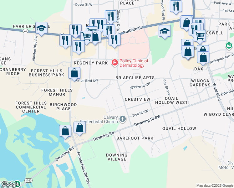 map of restaurants, bars, coffee shops, grocery stores, and more near 2602 Chippendale Pl SW in Wilson