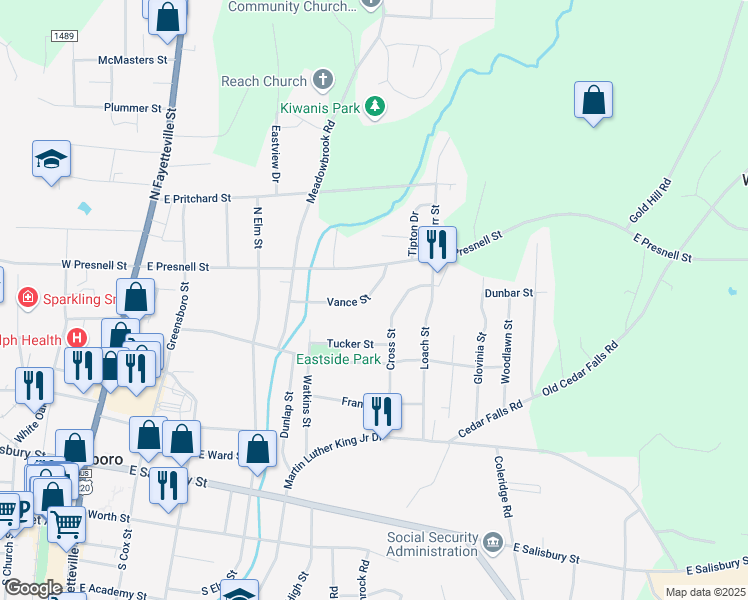 map of restaurants, bars, coffee shops, grocery stores, and more near 642 Vance Street in Asheboro