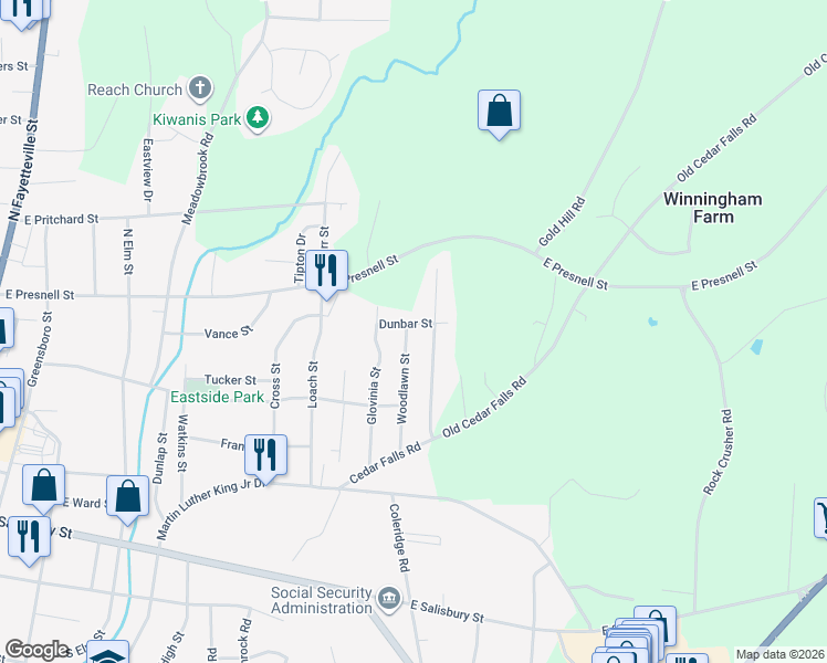 map of restaurants, bars, coffee shops, grocery stores, and more near 580 Woodlawn Street in Asheboro