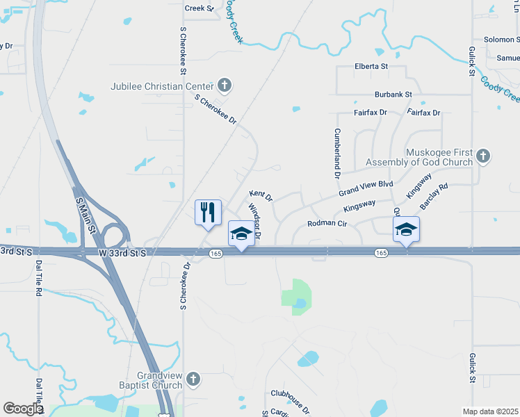 map of restaurants, bars, coffee shops, grocery stores, and more near 140 Windsor Drive in Muskogee