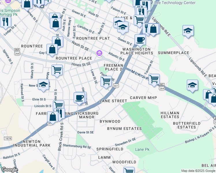 map of restaurants, bars, coffee shops, grocery stores, and more near 223 Powell Street Southeast in Wilson