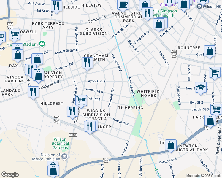 map of restaurants, bars, coffee shops, grocery stores, and more near 912 Crawford Street South in Wilson