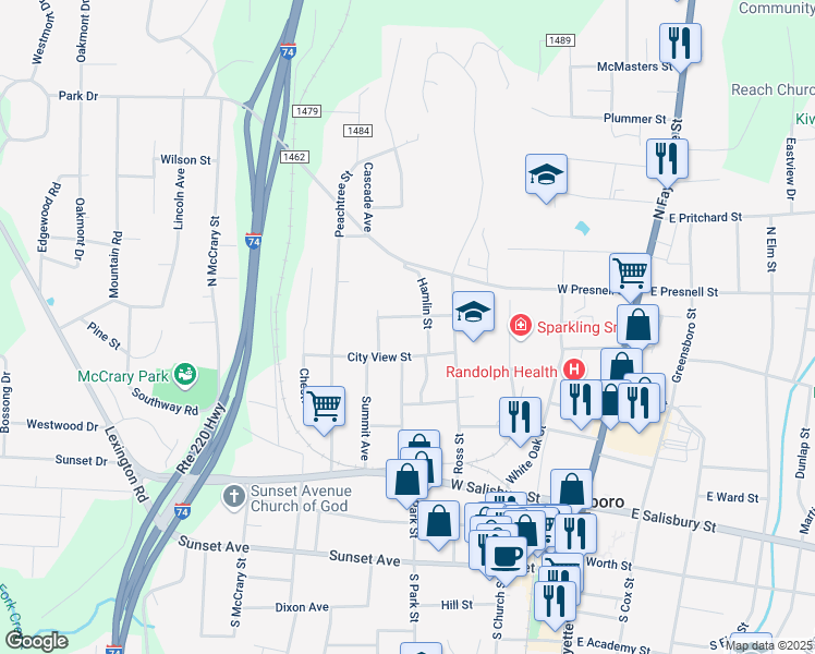 map of restaurants, bars, coffee shops, grocery stores, and more near 449 Ross Street in Asheboro