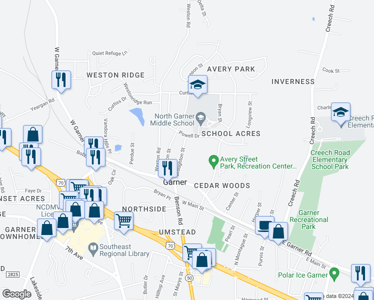 map of restaurants, bars, coffee shops, grocery stores, and more near 122 Broughton Street in Garner