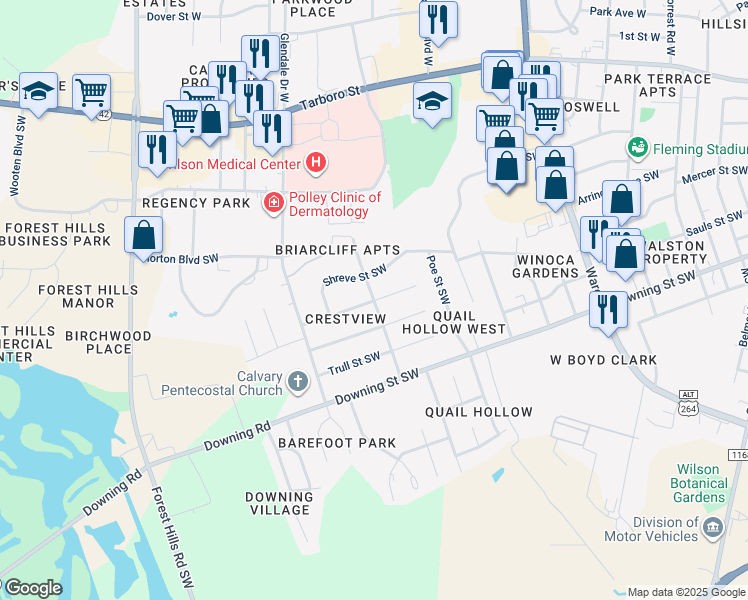 map of restaurants, bars, coffee shops, grocery stores, and more near 2498 Womble Street Southwest in Wilson