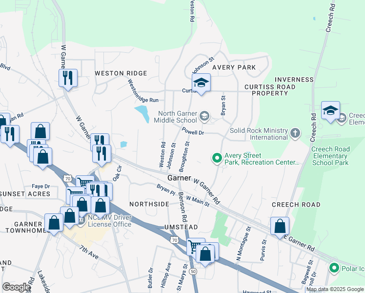 map of restaurants, bars, coffee shops, grocery stores, and more near 121 Broughton St in Garner