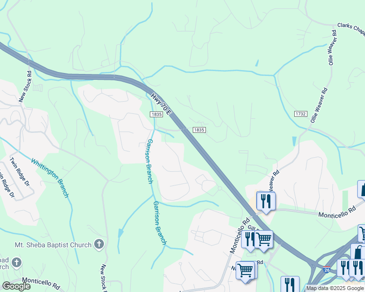 map of restaurants, bars, coffee shops, grocery stores, and more near 14 Autumn Hills Dr in Weaverville