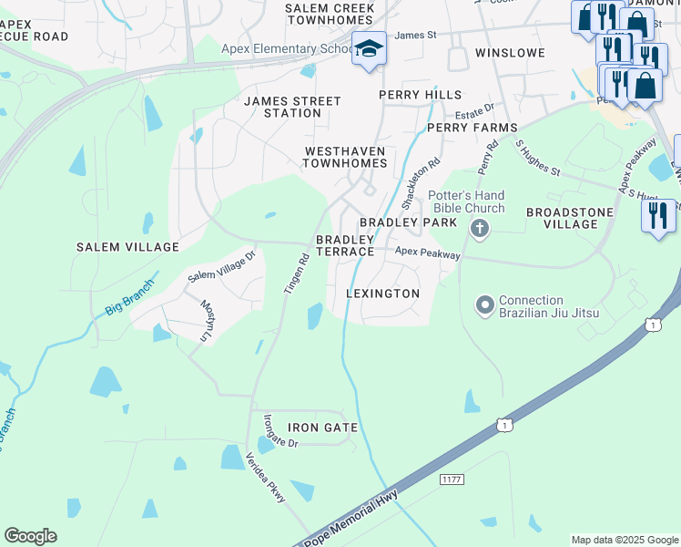 map of restaurants, bars, coffee shops, grocery stores, and more near 313 Anterbury Drive in Apex