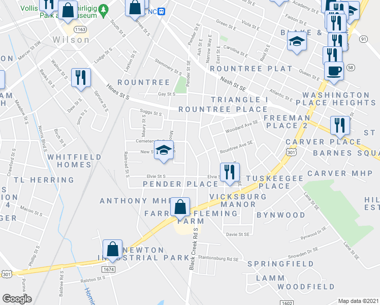 map of restaurants, bars, coffee shops, grocery stores, and more near 701 Pender St S in Wilson