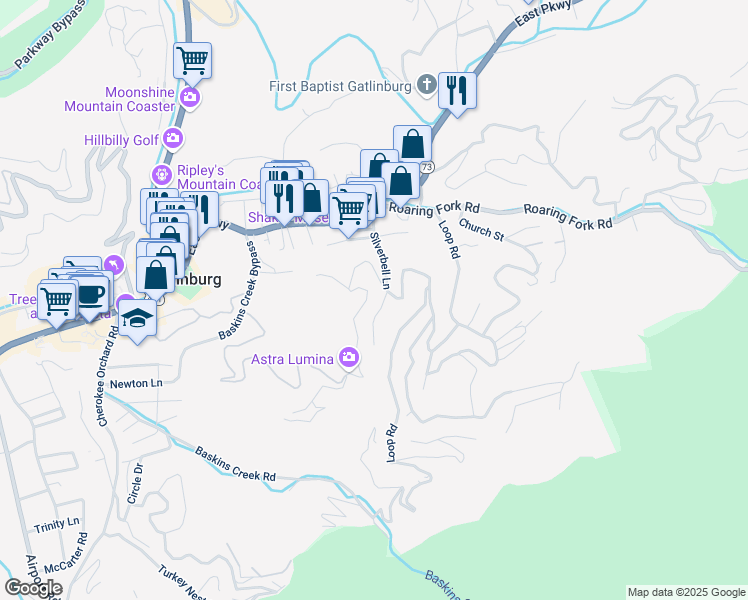 map of restaurants, bars, coffee shops, grocery stores, and more near 417 Silverbell Heights Lane in Gatlinburg