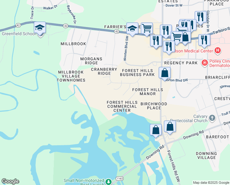 map of restaurants, bars, coffee shops, grocery stores, and more near 3015 Slate Court Southwest in Wilson