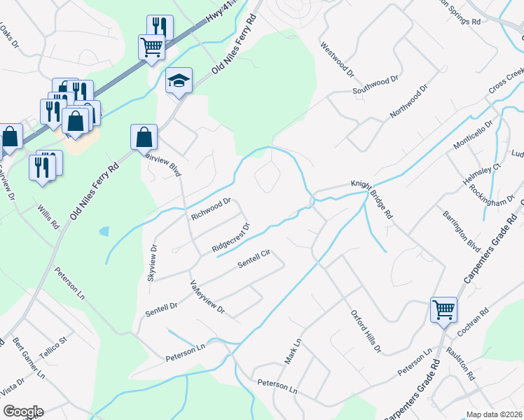 map of restaurants, bars, coffee shops, grocery stores, and more near 2119 Southwood Drive in Maryville