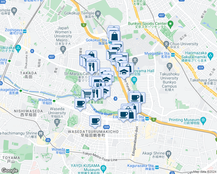 map of restaurants, bars, coffee shops, grocery stores, and more near in Bunkyo City