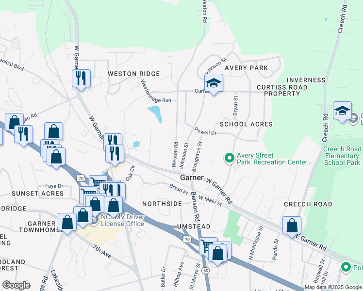 map of restaurants, bars, coffee shops, grocery stores, and more near 119 Johnson St in Garner