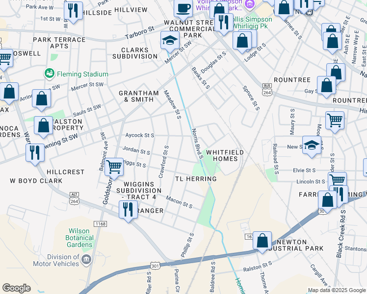 map of restaurants, bars, coffee shops, grocery stores, and more near 909 Meadow St S in Wilson