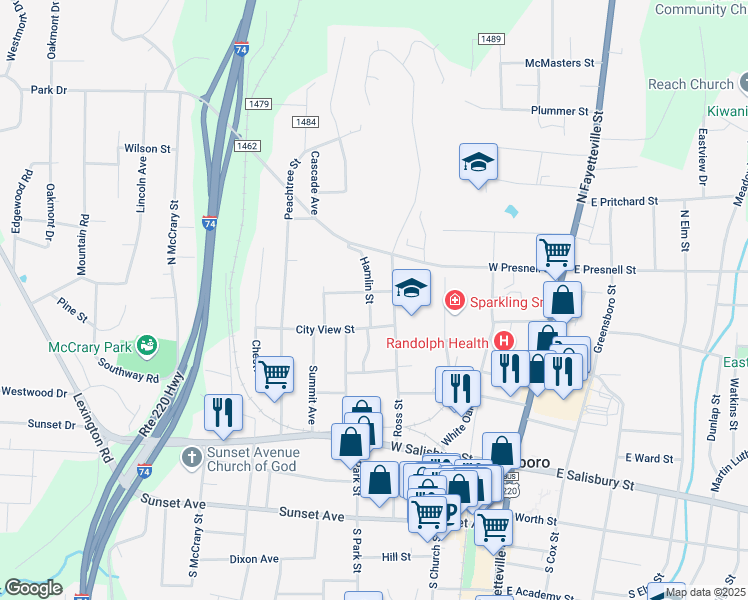 map of restaurants, bars, coffee shops, grocery stores, and more near 426 Hamlin Street in Asheboro