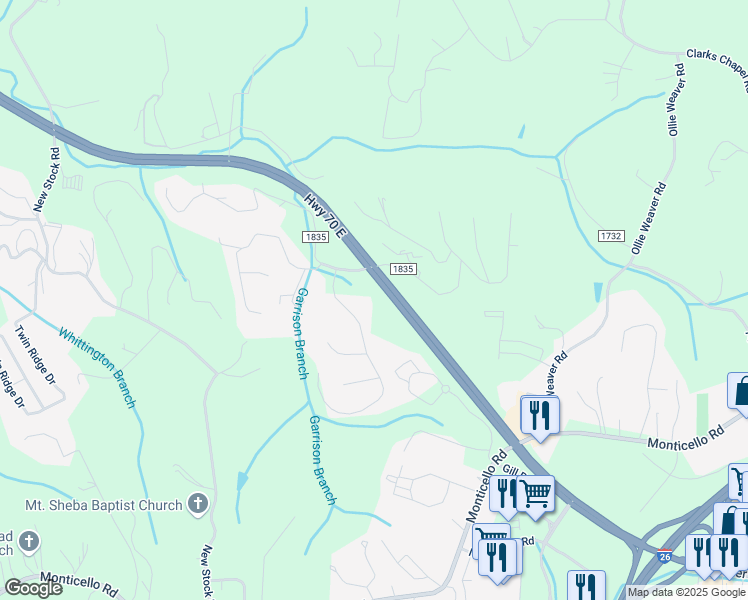 map of restaurants, bars, coffee shops, grocery stores, and more near 14 Autumn Hills Drive in Weaverville