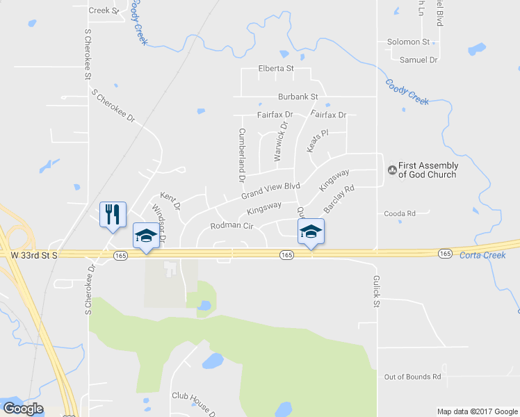 map of restaurants, bars, coffee shops, grocery stores, and more near 324 Kingsway in Muskogee