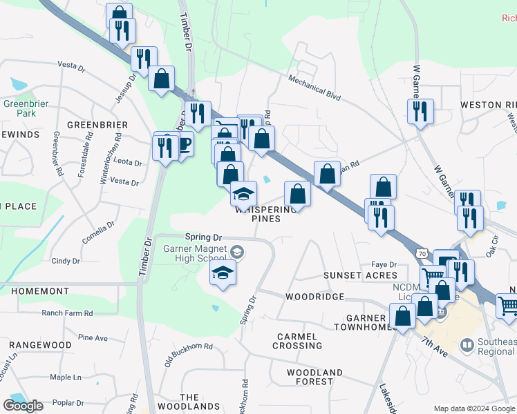 map of restaurants, bars, coffee shops, grocery stores, and more near 102 Coldwater Drive in Garner