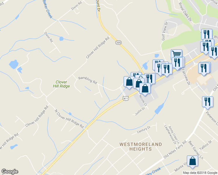 map of restaurants, bars, coffee shops, grocery stores, and more near 2821 Rambling Road in Maryville