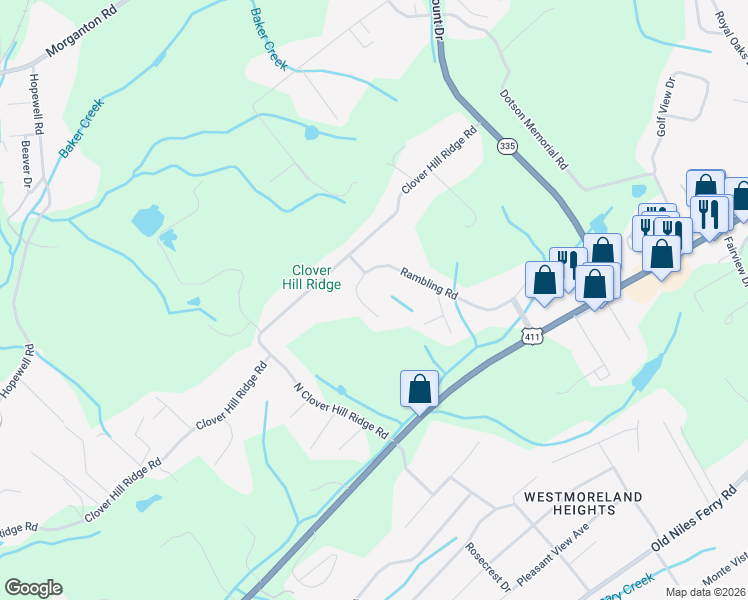 map of restaurants, bars, coffee shops, grocery stores, and more near 3012 Rambling Road in Maryville