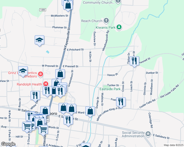 map of restaurants, bars, coffee shops, grocery stores, and more near 540 North Elm Street in Asheboro