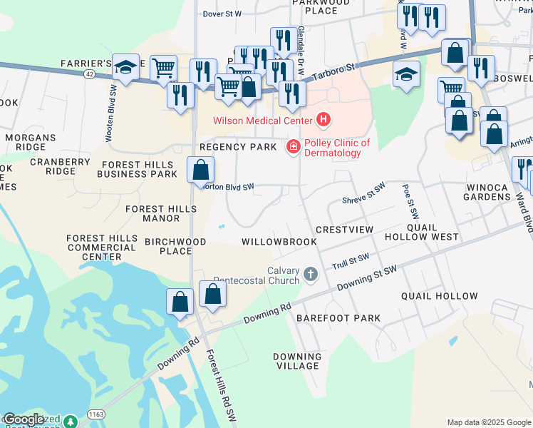 map of restaurants, bars, coffee shops, grocery stores, and more near 2505 Saint Christopher Circle Southwest in Wilson