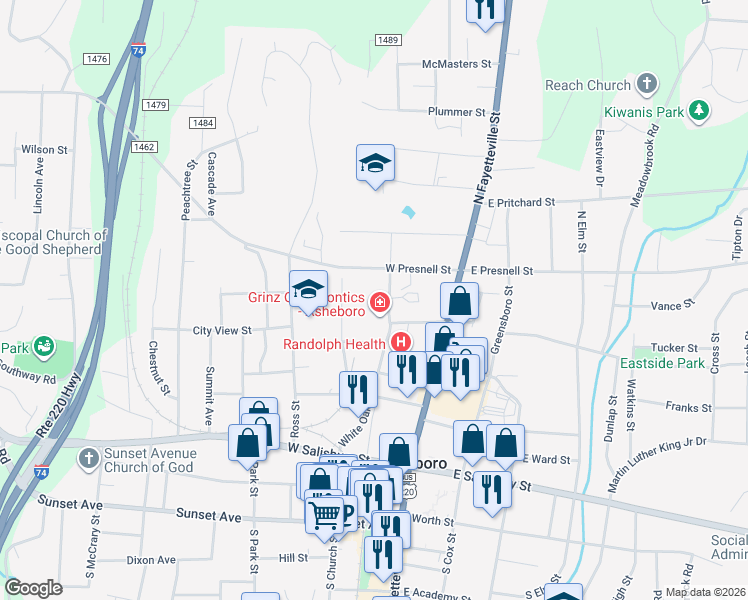 map of restaurants, bars, coffee shops, grocery stores, and more near 1 White Oak Street in Asheboro
