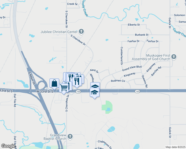 map of restaurants, bars, coffee shops, grocery stores, and more near 140 Windsor Drive in Muskogee