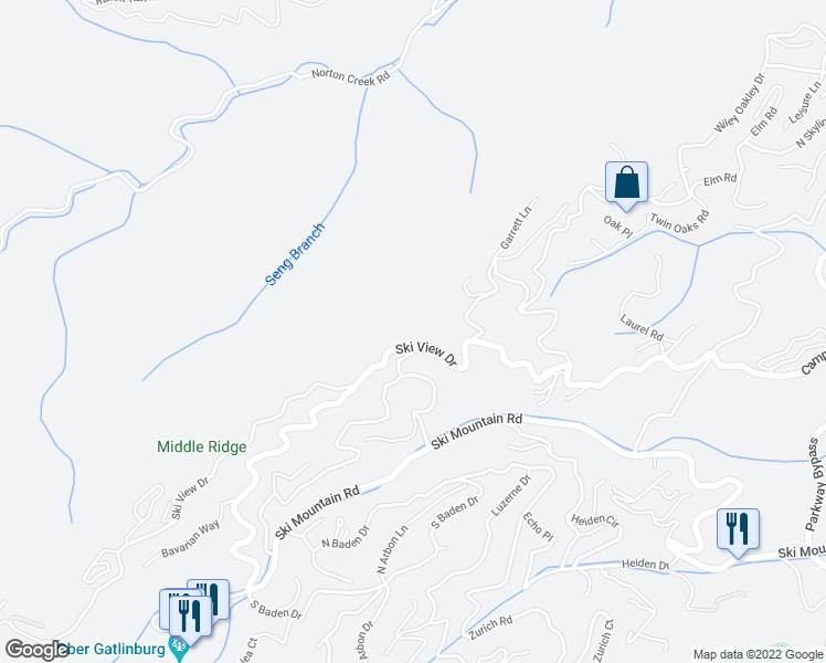 map of restaurants, bars, coffee shops, grocery stores, and more near 1050 Ski View Drive in Gatlinburg