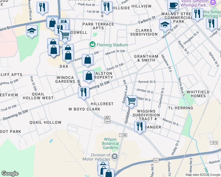 map of restaurants, bars, coffee shops, grocery stores, and more near 710 Denby Street Southwest in Wilson