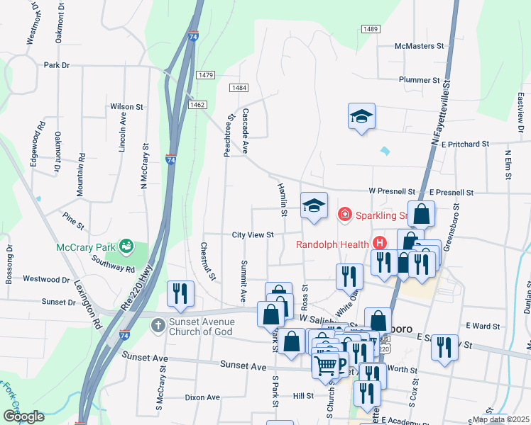 map of restaurants, bars, coffee shops, grocery stores, and more near 449 Ross St in Asheboro