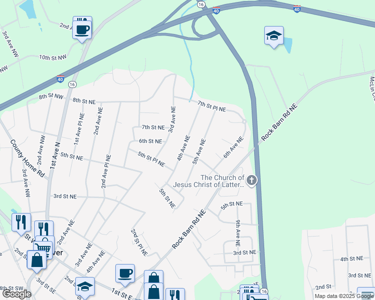 map of restaurants, bars, coffee shops, grocery stores, and more near 602 4th Ave NE in Conover