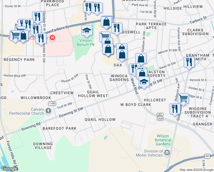 map of restaurants, bars, coffee shops, grocery stores, and more near 516 Dale Street Southwest in Wilson