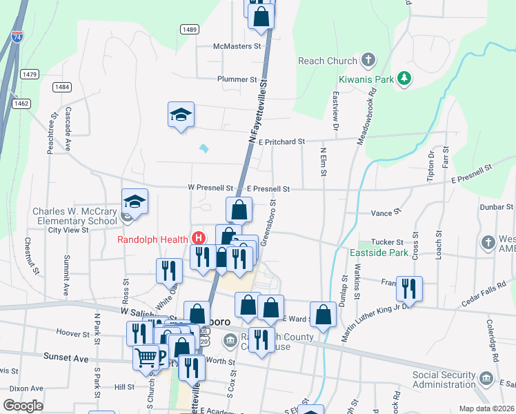 map of restaurants, bars, coffee shops, grocery stores, and more near 524 Tryon Street in Asheboro