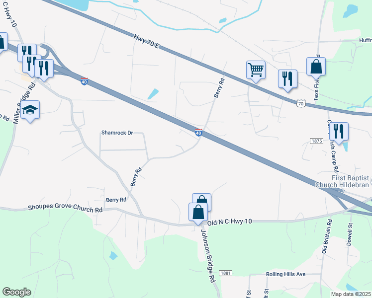 map of restaurants, bars, coffee shops, grocery stores, and more near 3669 Berry Road in Connelly Springs